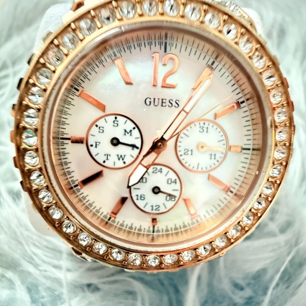 Guess Women's Rose Gold and White Crystal Watch
